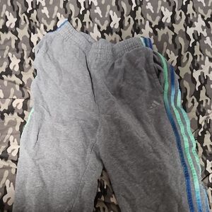 Adidas Kids Gray Joggers with Blue and Green Stripes